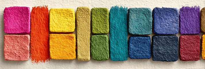 Vibrant array of diverse color swatches arranged in rows, showcasing a wide spectrum of textile or paint shades for creative inspiration and design projects