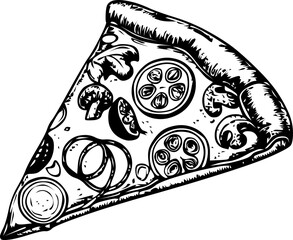 Slice of veggie pizza with toppings including bell peppers and olives on a white background