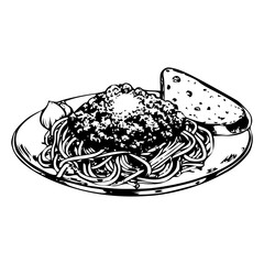 Plate of spaghetti Bolognese served with garlic bread on a white background
