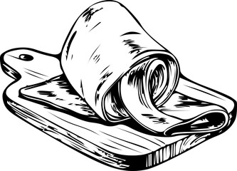Sliced prosciutto on a wooden cutting board with a white background