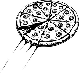 Fresh pepperoni pizza with slices cut and flying on a white background