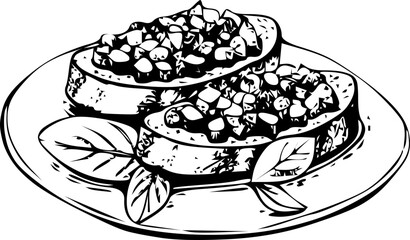 Plate of bruschetta topped with diced tomatoes and basil on a white background