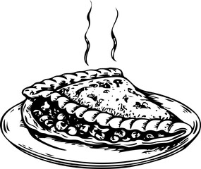 Hot calzone filled with cheese and vegetables on a plate with steam on a white background