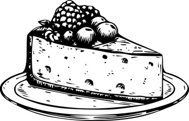 Slice of cheesecake topped with berries on a white plate against a white background