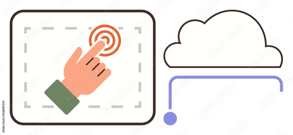 Poster hand pointing at screen with dotted frame, triggering data transfer to cloud via a connection line. 