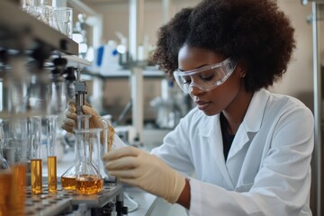 Afro-American woman industrial lab analyzing equipment natural light gloves