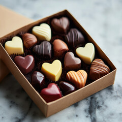 Delicious heart-shaped chocolates gift box ideal for celebrations food photography cozy kitchen romantic theme