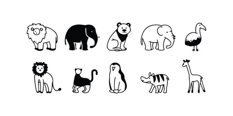 Collection of diverse zoo animal icons in black and white