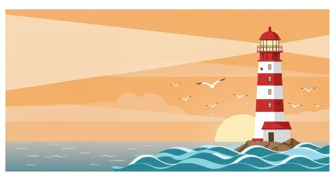 National Lighthouse Day background concept with a majestic lighthouse shining brightly at sunset over the calm open ocean. Illustration for poster, card or post with empty space for text. August 7.
- Powered by Adobe