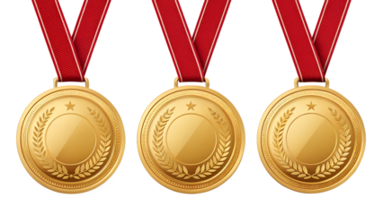  Set of Three Gold Medals Isolated on Transparent background