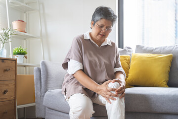 Body arthritis muscles stiff problem, aged woman suffering on leg, pain knee from disease chronic,...