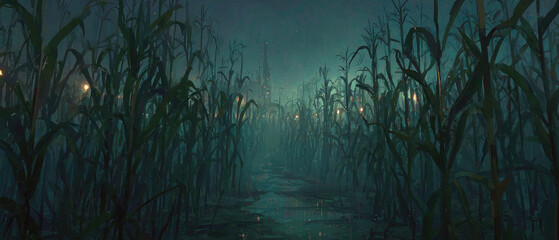Eerie nighttime exploration in a cornfield mysterious atmosphere dark environment surreal viewpoint...