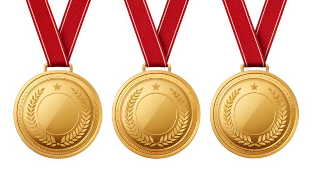  Set of Three Gold Medals Isolated on Transparent background