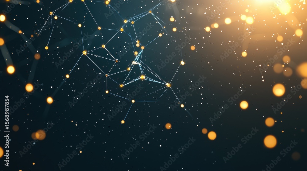 Poster networking technology and communication bright glowing lines and dots forming a network, dark backgr