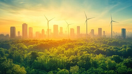 A futuristic landscape where wind turbines are integrated into skyscrapers 
