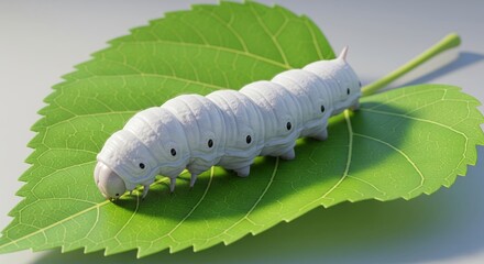 Realistic 3d render of a white silkworm, bombyx mori, crawling on a fresh green mulberry leaf, macro shot showing details of the caterpillar, concept of sericulture and nature