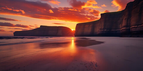 A scenic beach with cliffs reflecting sunset colors in the water and a vibrant orange sky above