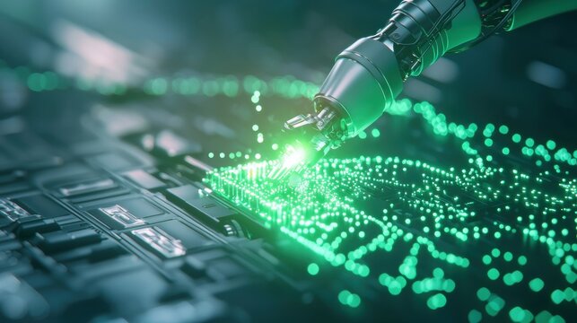 Neon Industrial or Tech Aesthetic Green neon frame highlighting a robotic arm assembling components on a factory floor, futuristic, automated environment