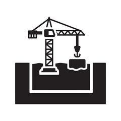 Construction foundation icon with crane placing a block for building groundwork development and new project architecture and engineering work vector solid glyph