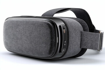 Close-up of Gray VR Headset for Immersive Digital Experiences on White. Mock up promotion information for marketing announcements and details, blank white space