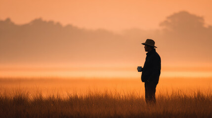 Contemplative man enjoying coffee at sunrise tranquil nature landscape serene environment soft light reflective mood