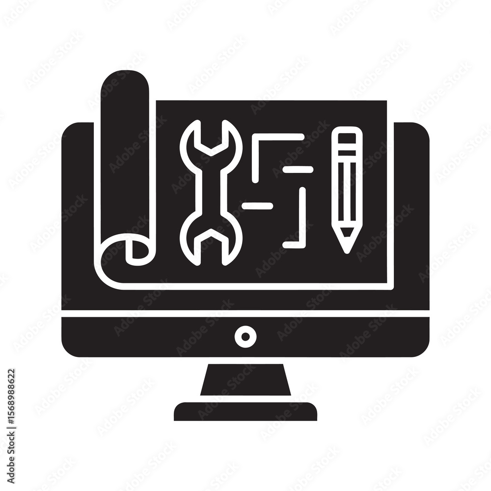 Poster cad software on computer screen shows engineering design blueprint and architectural plan with wrenc