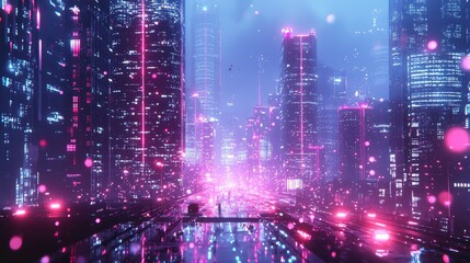 Obraz premium Futuristic city skyline at night, illuminated by neon lights.