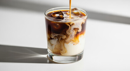 Iced coffee being poured into a glass of milk with ice cubes, creating a swirling marble effect under bright natural light
