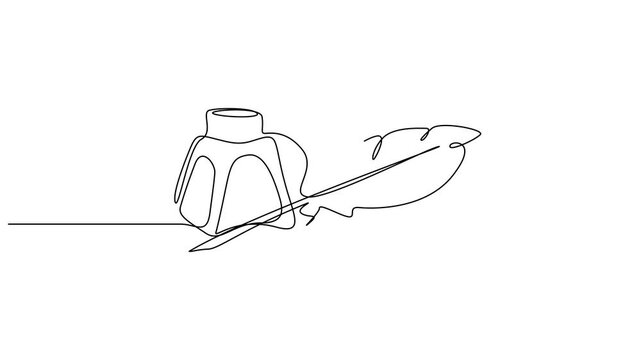 Self drawing line animation Retro inkwell and feather continuous one single line drawn concept, Inkwell and pen continuous line drawing. One line feather with ink vector illustration 4k video.
