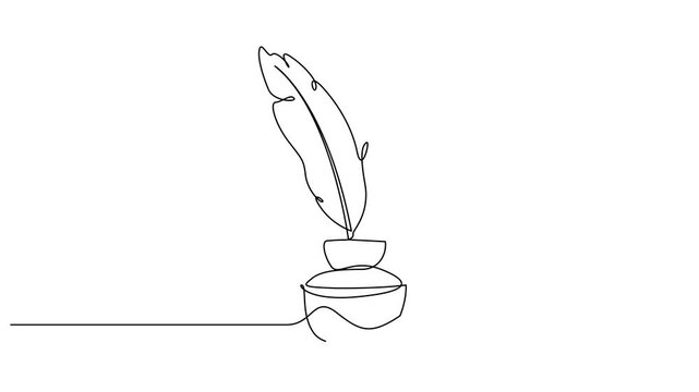 Self drawing line animation Retro inkwell and feather continuous one single line drawn concept, Inkwell and pen continuous line drawing. One line feather with ink vector illustration 4k video.