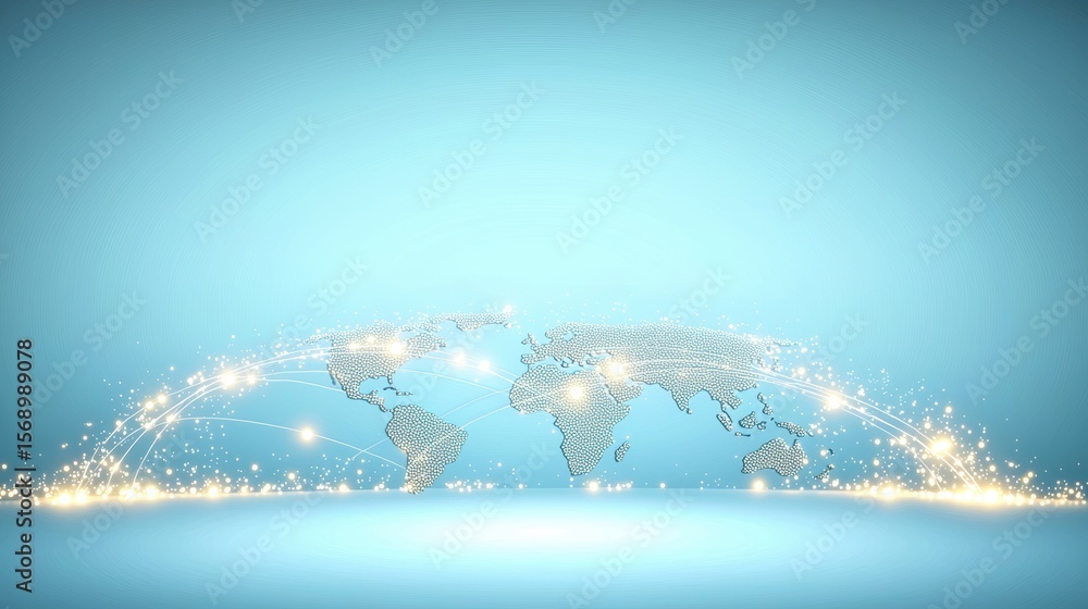Poster global network connections world map with interconnected dots and data streams, blue background, vis