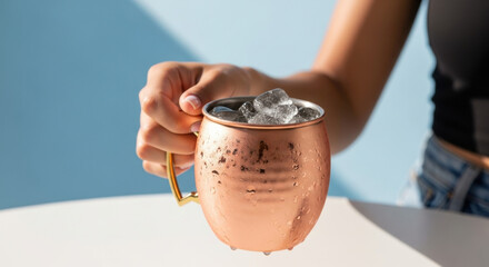 Hand holding a copper mug filled with ice cubes, condensation on the surface, close up against a light blue background