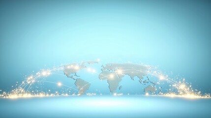 Global Network Connections World map with interconnected dots and data streams, blue background, visualizing global data exchange and internet traffic