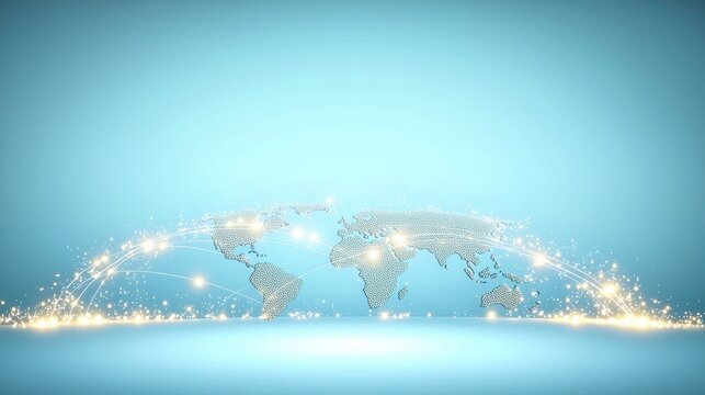 Global Network Connections World map with interconnected dots and data streams, blue background, visualizing global data exchange and internet traffic - Powered by Adobe