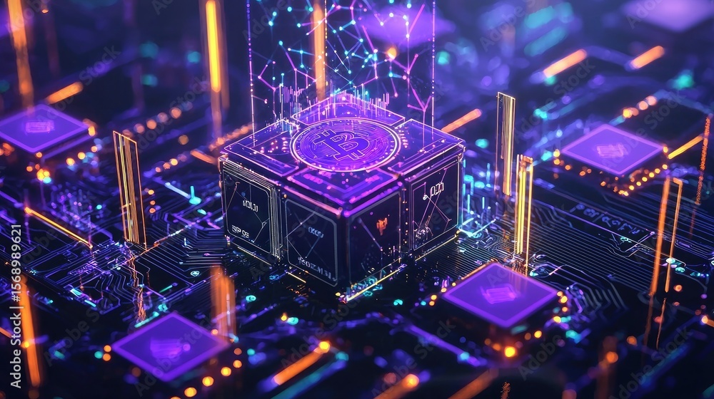 Poster digital cube with cryptocurrency symbol on a complex circuit board.