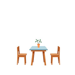 Simple wooden table with two chairs and a potted plant isolated on transparent background