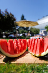 Juicy slices of ripe watermelon arranged on green grass, capturing the essence of summer freshness....