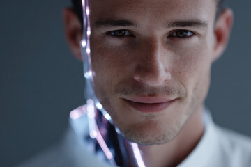 Businessman merging with artificial intelligence via futuristic technology interface