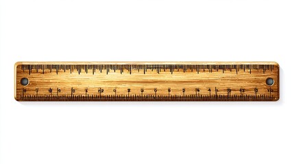 Wooden ruler, measuring tool with inch markings, centered against a white background