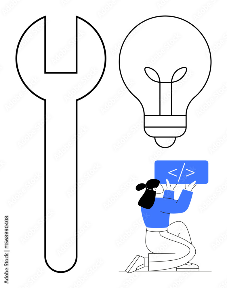 Poster giant wrench, light bulb symbolizing creativity, and person coding on a laptop. ideal for technology