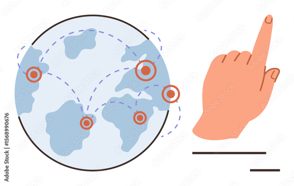 Poster globe with marked locations connected by dashed lines and a pointing hand. ideal for technology, glo