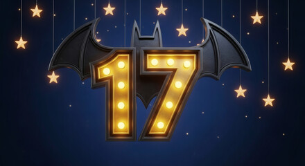 Illuminated Number 17 with Bat Wings and Stars Night Sky Design