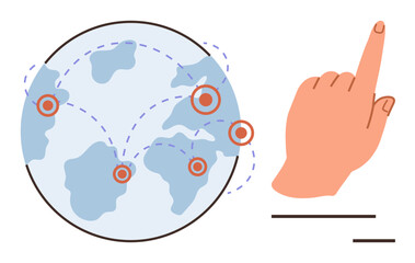 Globe with marked locations connected by dashed lines and a pointing hand. Ideal for technology, globalization, communication, networking, logistics, teamwork, education. Simple flat metaphor