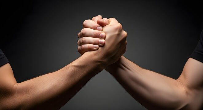 Intense arm wrestling match with interlocked hands on a dark grey background