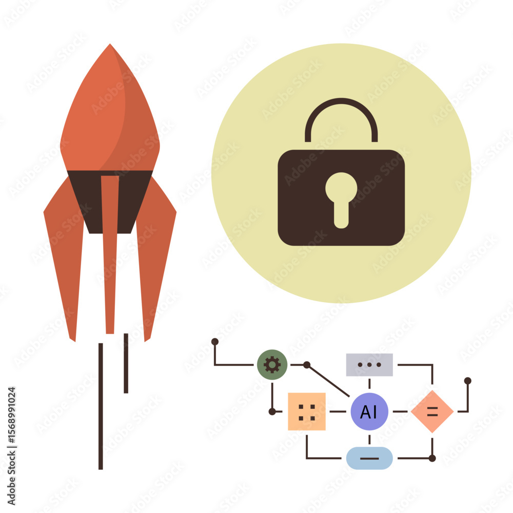 Aufkleber rocket symbolizing innovation, padlock highlighting cybersecurity, ai flowchart showcasing advanced 