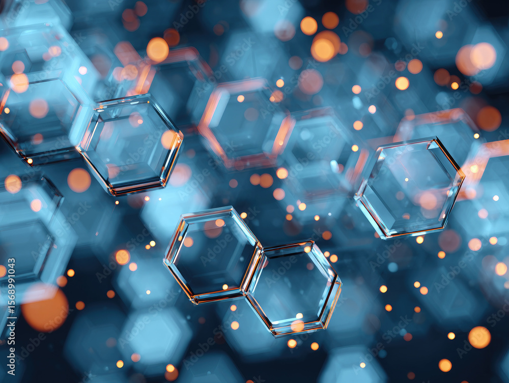 Poster exploring molecular structures abstract scientific concept digital art colorful background close-up 