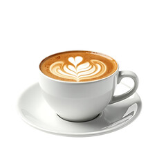 Obraz premium White ceramic cup of coffee with latte art heart design isolated on transparent background