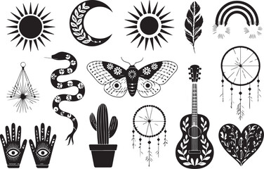  bohemian, mystical, symbols  sun, moon, snake, butterfly, cactus,