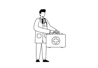 A doctor in a lab coat holding a medical kit with a cross on it in a black and white illustration