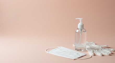 Essential Hygiene Items: Hand Sanitizer, Mask, and Gloves on Pink Background